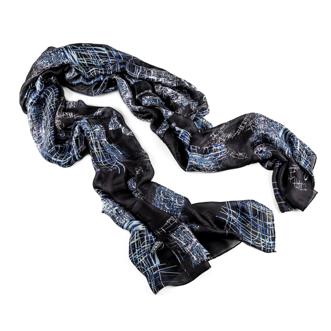 CHANEL Vintage Navy Blue "Scribble" Abstract Silk Chiffon Scarf