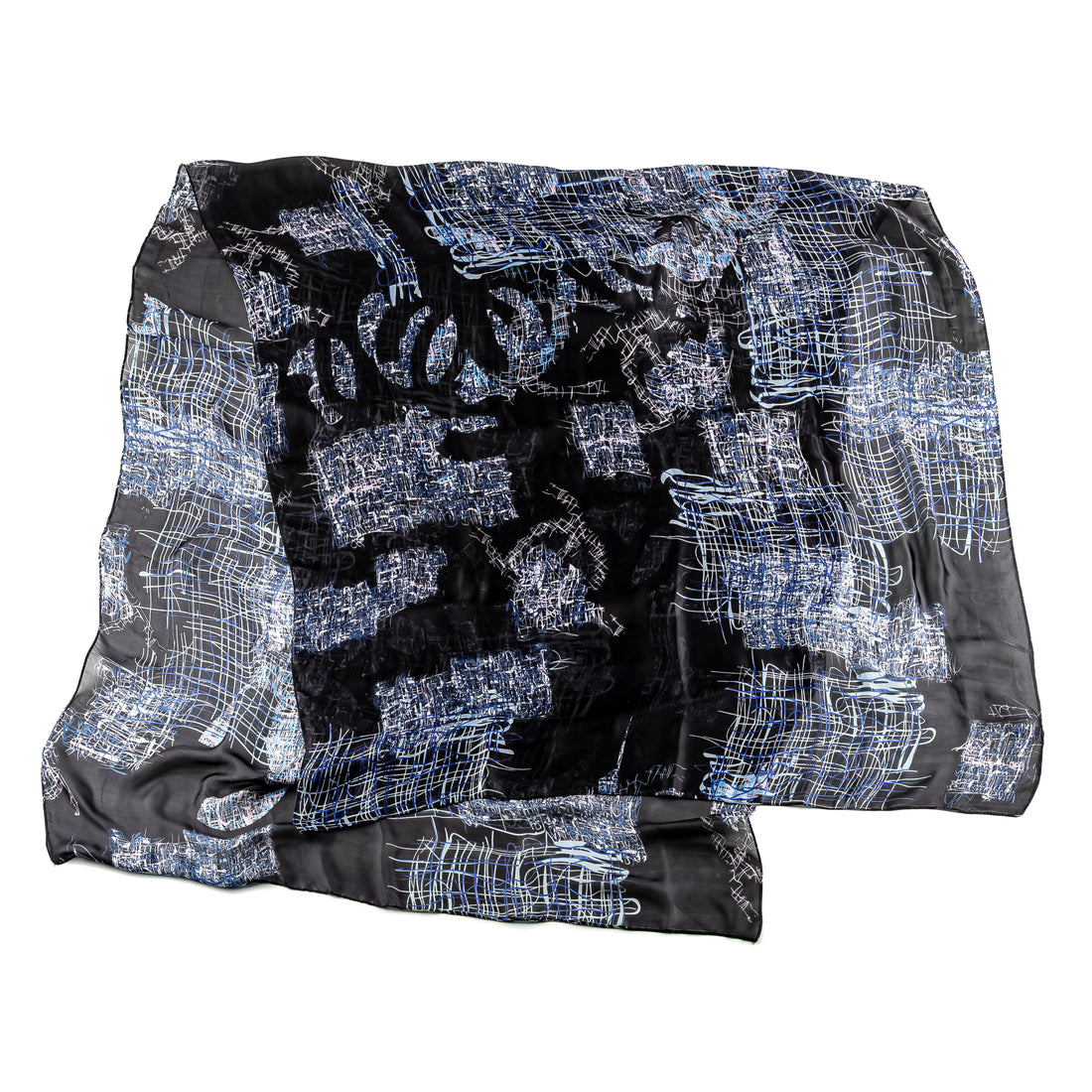 CHANEL Vintage Navy Blue "Scribble" Abstract Silk Chiffon Scarf