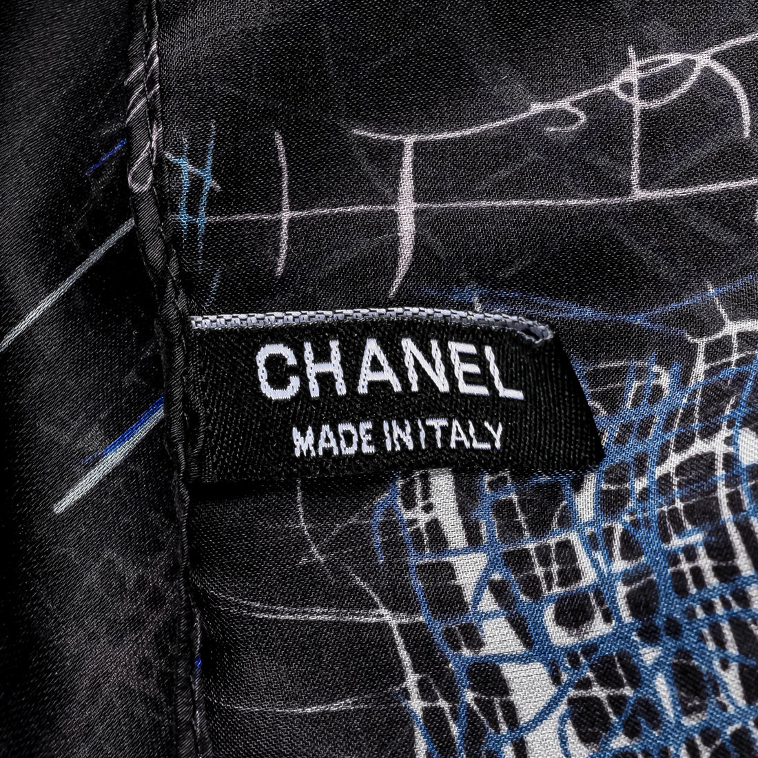 CHANEL Vintage Navy Blue "Scribble" Abstract Silk Chiffon Scarf