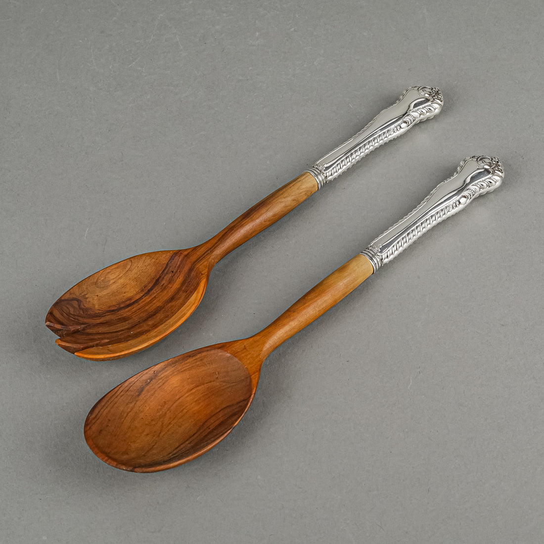 BIRKS Gadroon Sterling Handle Wood Salad Servers 2 Pieces