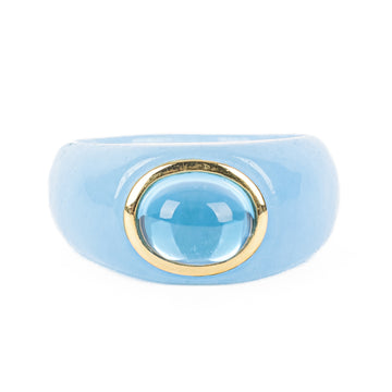 14K Yellow Gold Carved Blue Jade Blue Topaz Cabochon Ring
