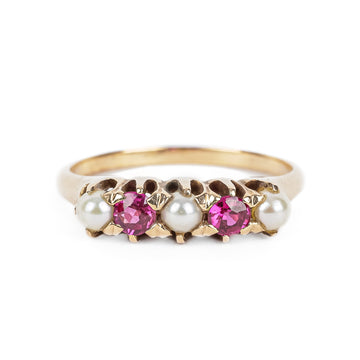14K Yellow Gold Pearl Synthetic Ruby Ring