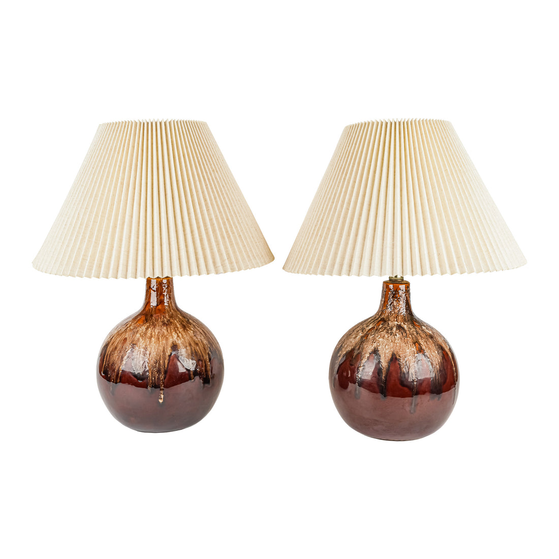 Mid-Century Modern Brown Ceramic Lamps With Shades - Set of 2
