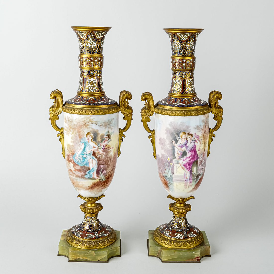 PAIR Of French Bronze Ormolu and Champleve Hand Decorated Urns