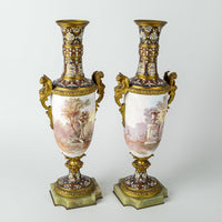 PAIR Of French Bronze Ormolu and Champleve Hand Decorated Urns