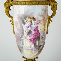 PAIR Of French Bronze Ormolu and Champleve Hand Decorated Urns