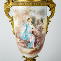 PAIR Of French Bronze Ormolu and Champleve Hand Decorated Urns