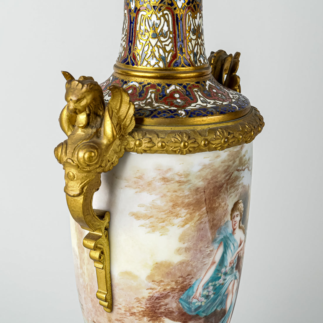 PAIR Of French Bronze Ormolu and Champleve Hand Decorated Urns
