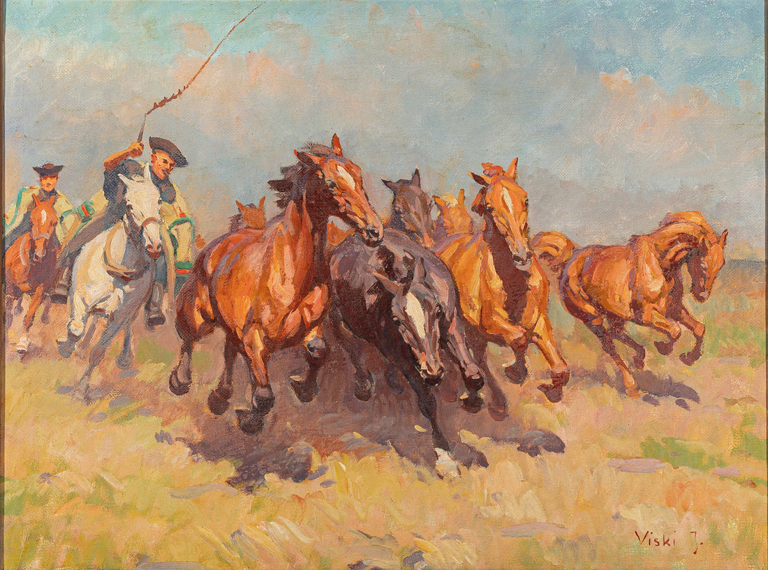 Janos Viski (Hungarian 1891-1987) Herdsmen With Running Horses