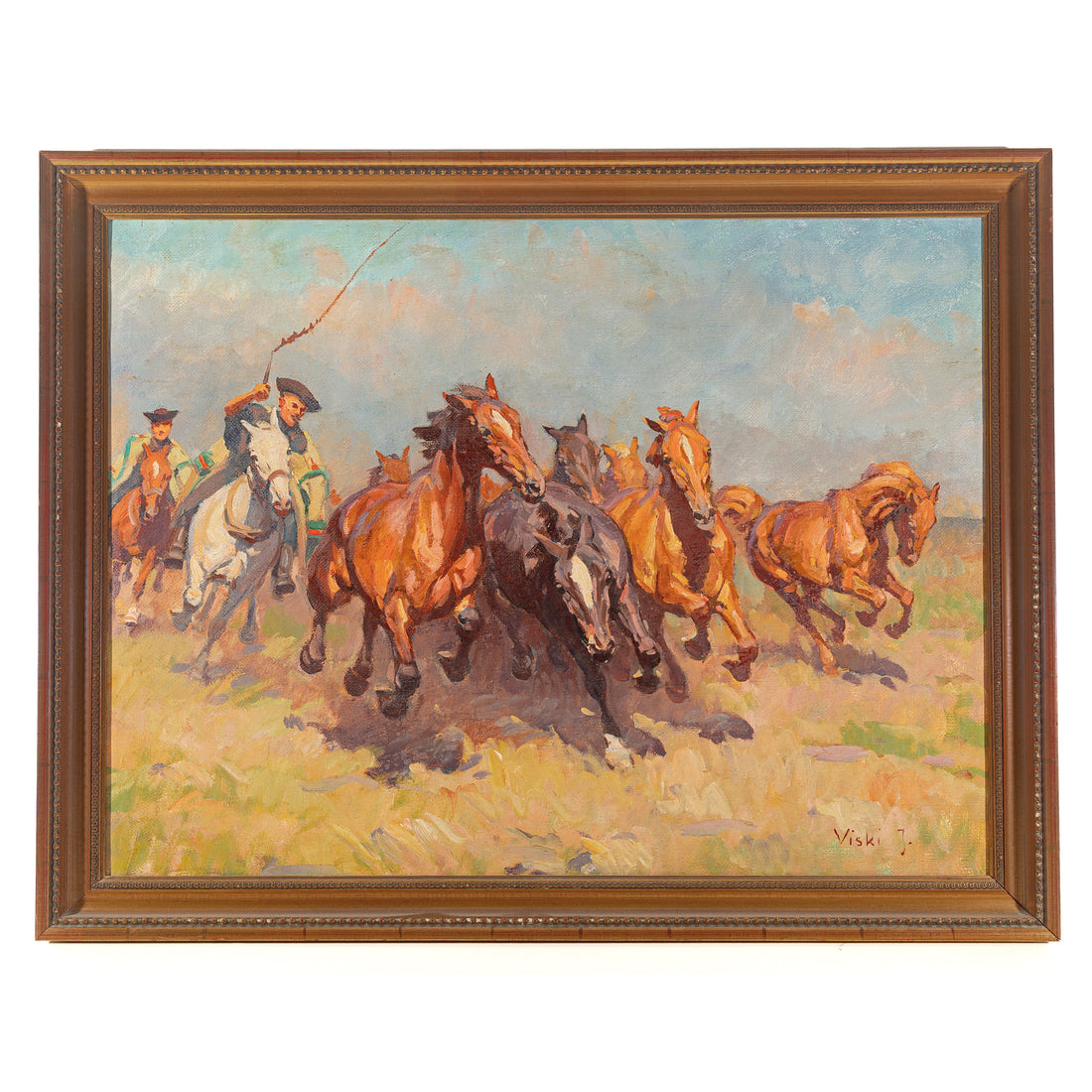 Janos Viski (Hungarian 1891-1987) Herdsmen With Running Horses