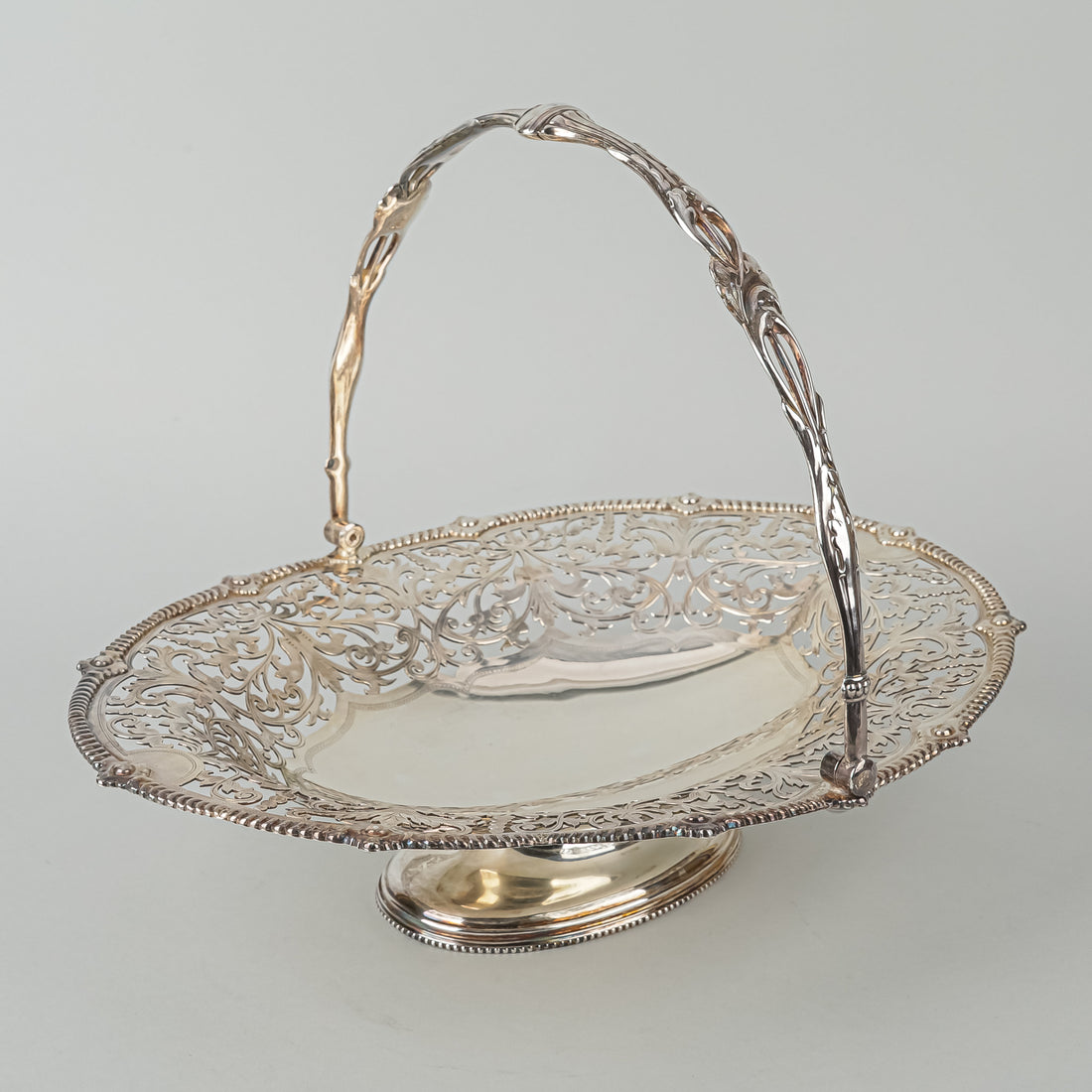 ATKIN BROS Silver Plate Pierced Footed Oval Basket w/Handle 734