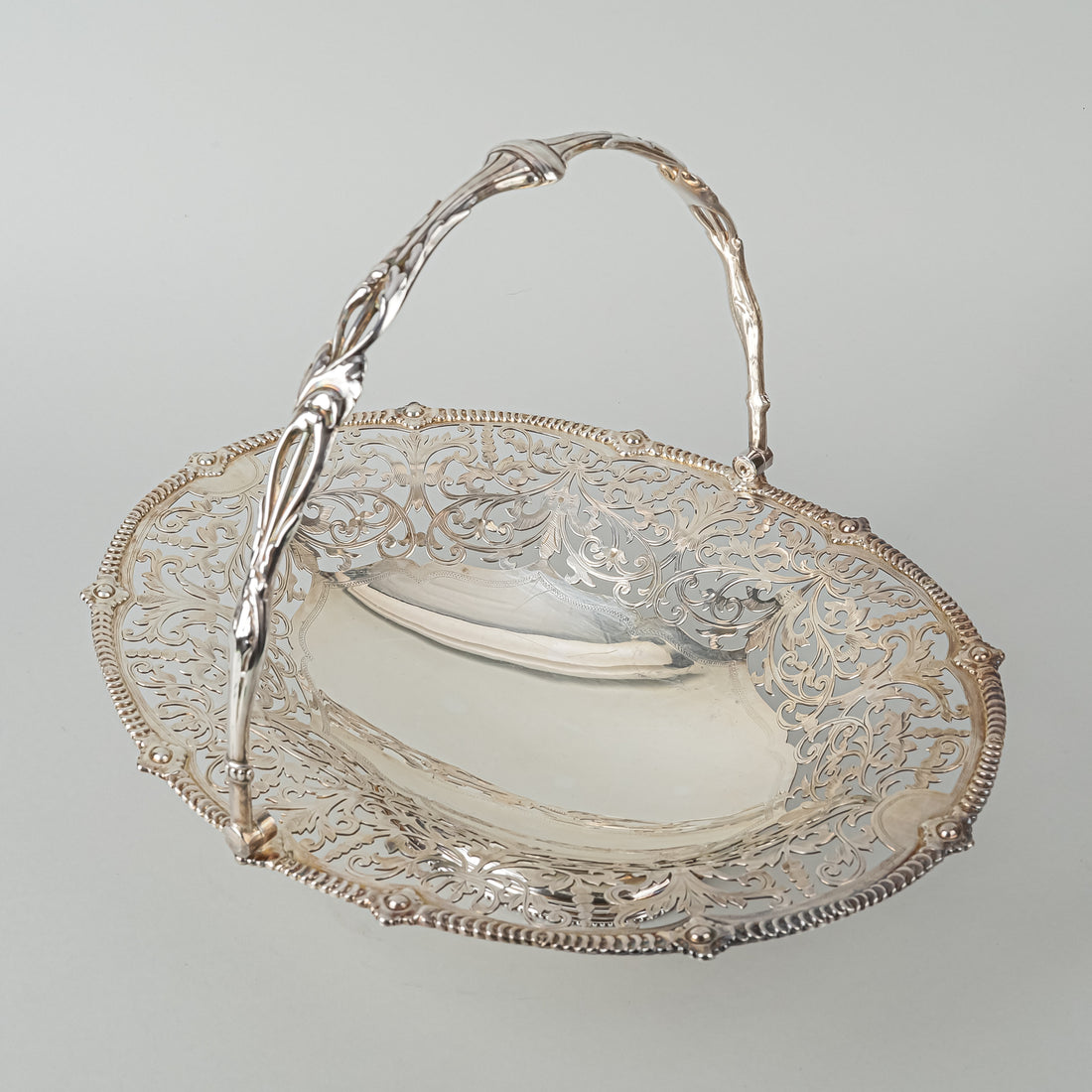 ATKIN BROS Silver Plate Pierced Footed Oval Basket w/Handle 734