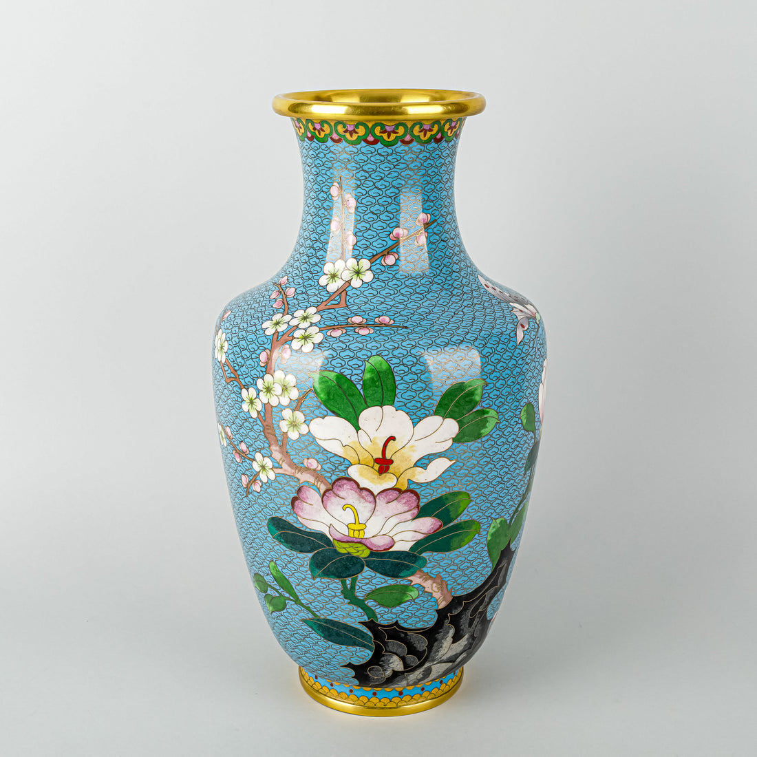 Asian Cloisonne Vase - Blue Ground With Floral Design