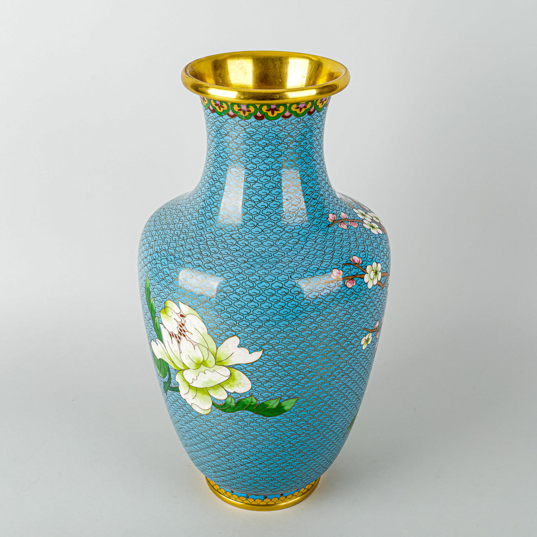 Asian Cloisonne Vase - Blue Ground With Floral Design