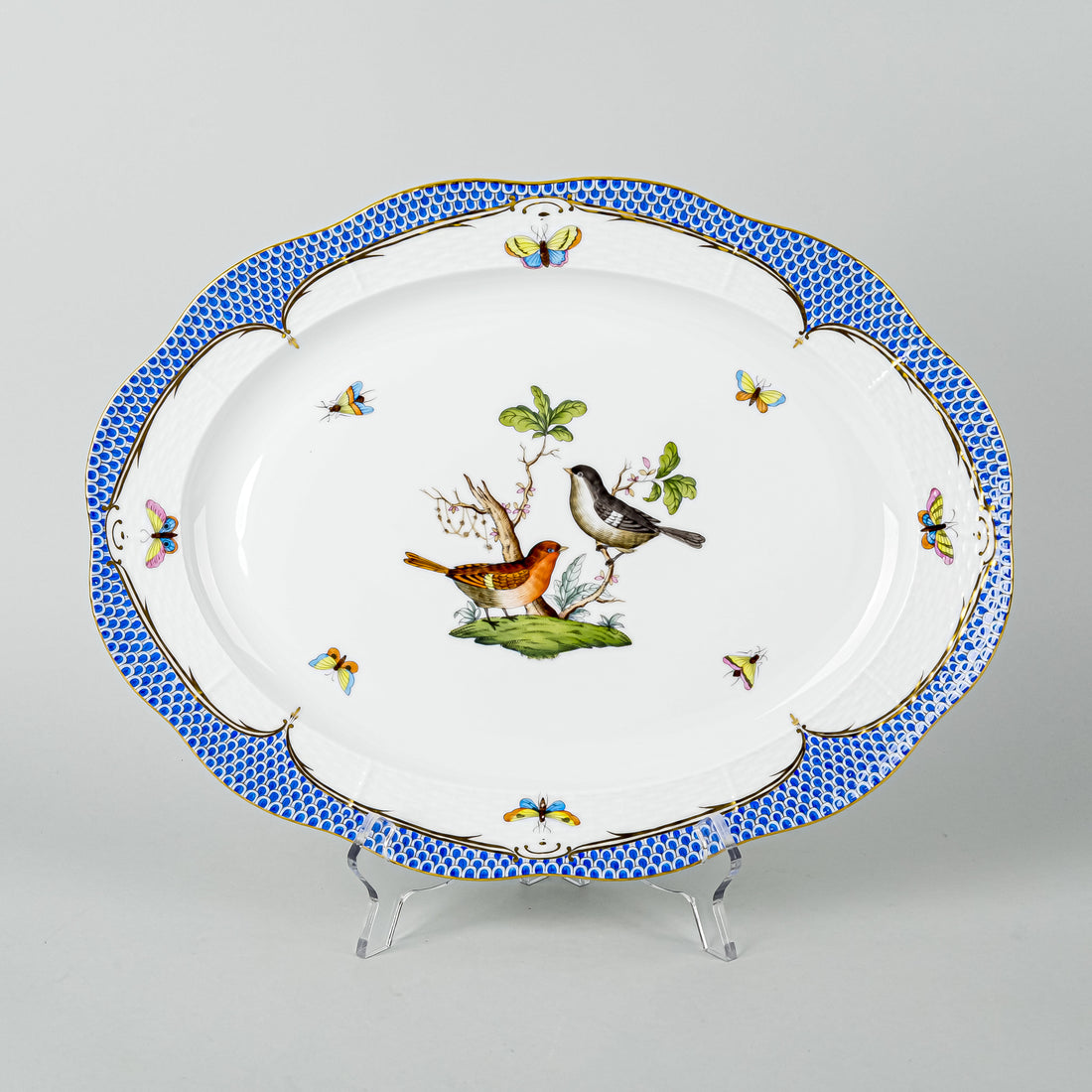 HEREND Rothchild Bird Fish Scale Blue Platter 1102