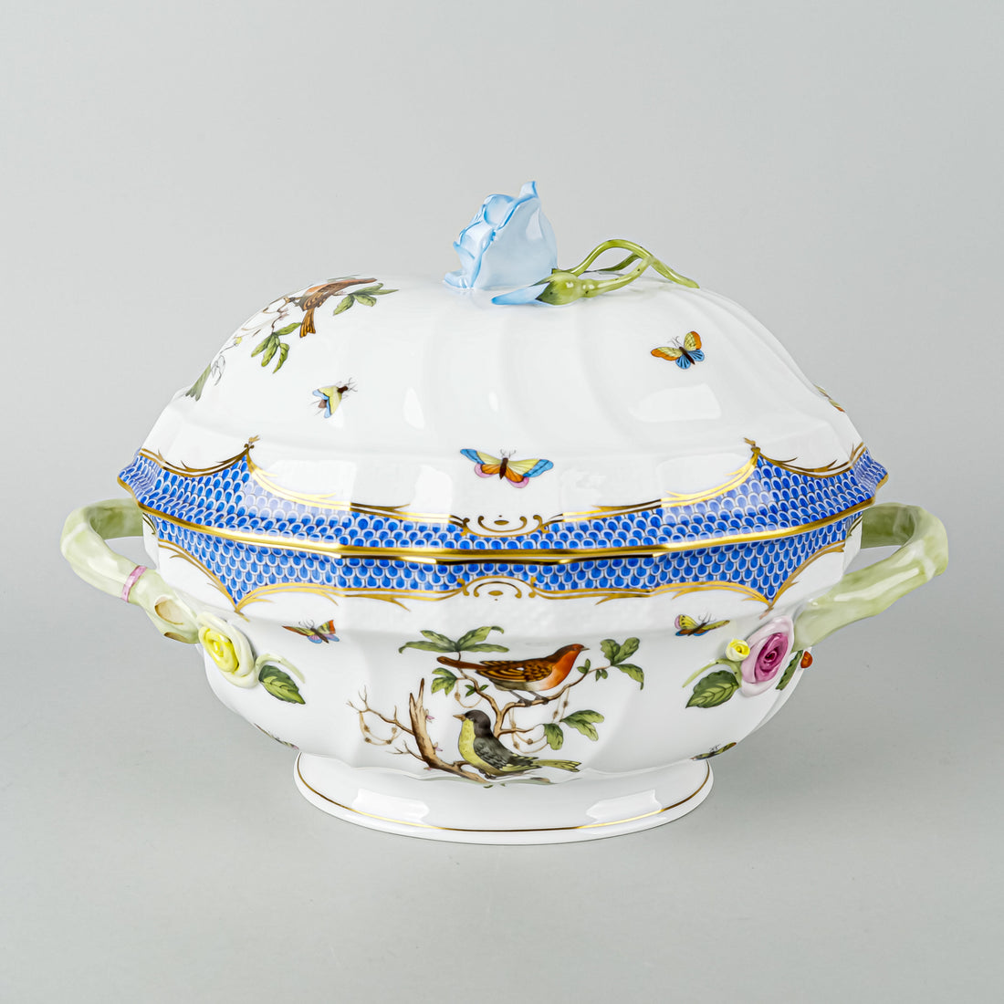 HEREND Rothchild Bird Fish Scale Blue Covered Tureen 1006