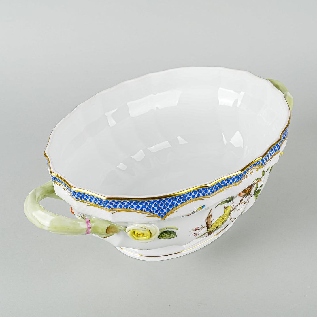 HEREND Rothchild Bird Fish Scale Blue Covered Tureen 1006