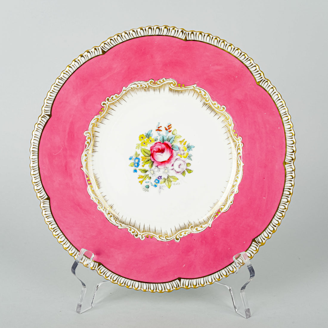 CAULDON 8175 Pink Band, Hand Painted Floral Luncheon Plates Set of 11