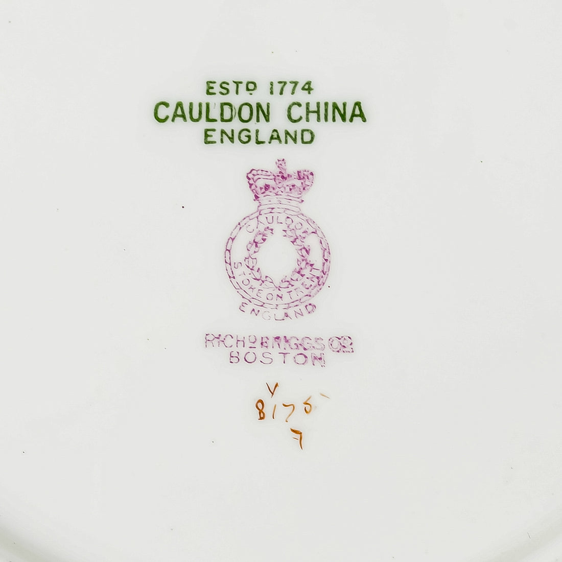 CAULDON 8175 Pink Band, Hand Painted Floral Luncheon Plates Set of 11