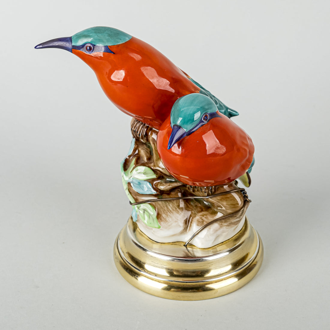 HEREND Figurine Pair Of Robins 5061 Natural On LEITAO & IRMAO Silver Stand