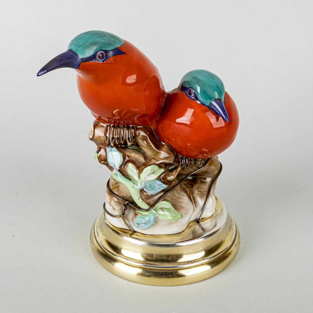 HEREND Figurine Pair Of Robins 5061 Natural On LEITAO & IRMAO Silver Stand