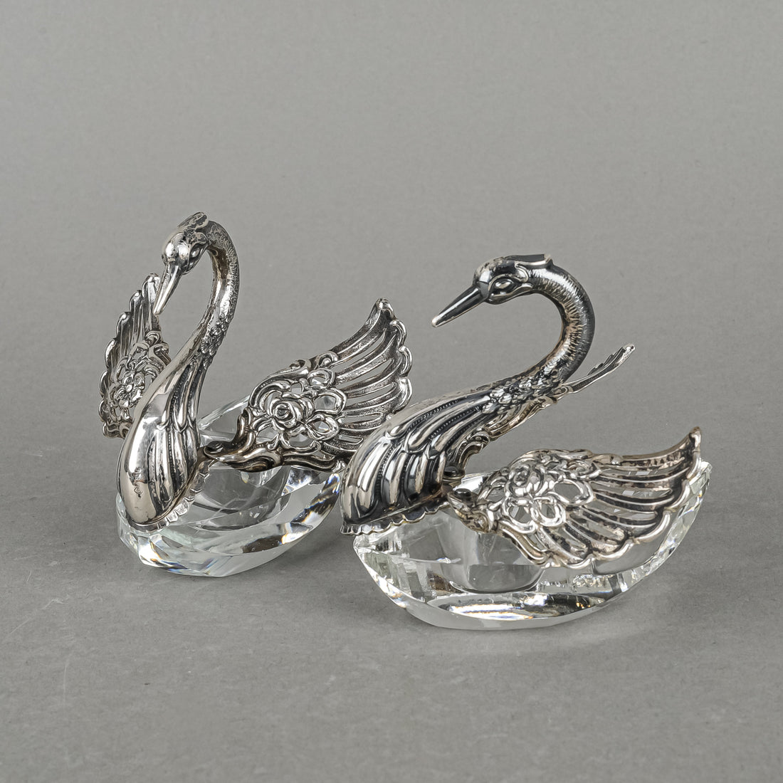 ALBERT BODEMER 835 Silver And Crystal Swan Salt Cellars Set Of 2
