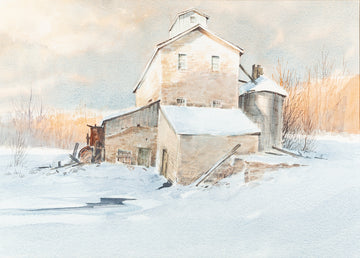 John Joy (Canadian 1921-2012)    Winter Scene With Barn/Mill