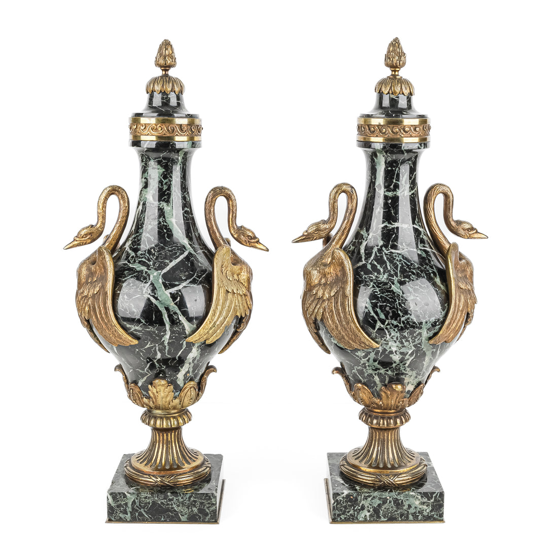 Pair Of Louis XVI Style Green Marble Covered Urns With Brass Mounts