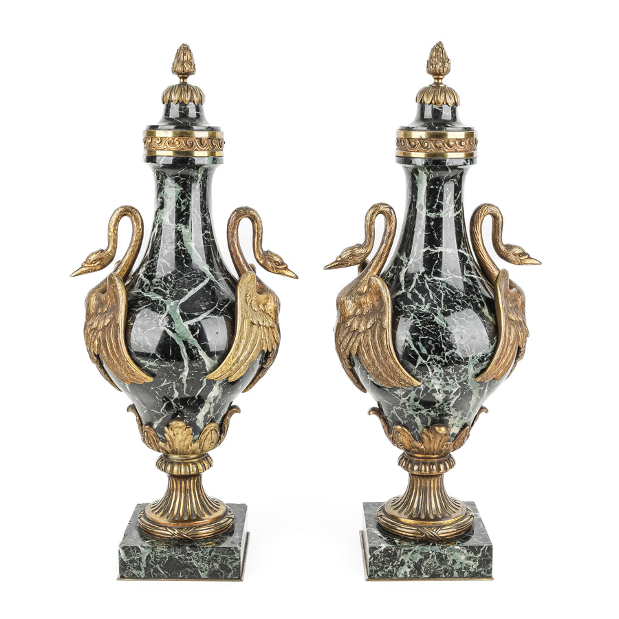 Pair Of Louis XVI Style Green Marble Covered Urns With Brass Mounts