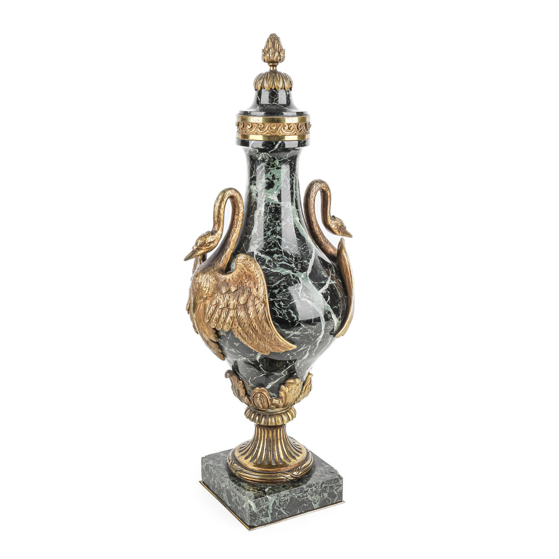 Pair Of Louis XVI Style Green Marble Covered Urns With Brass Mounts