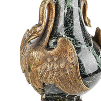 Pair Of Louis XVI Style Green Marble Covered Urns With Brass Mounts