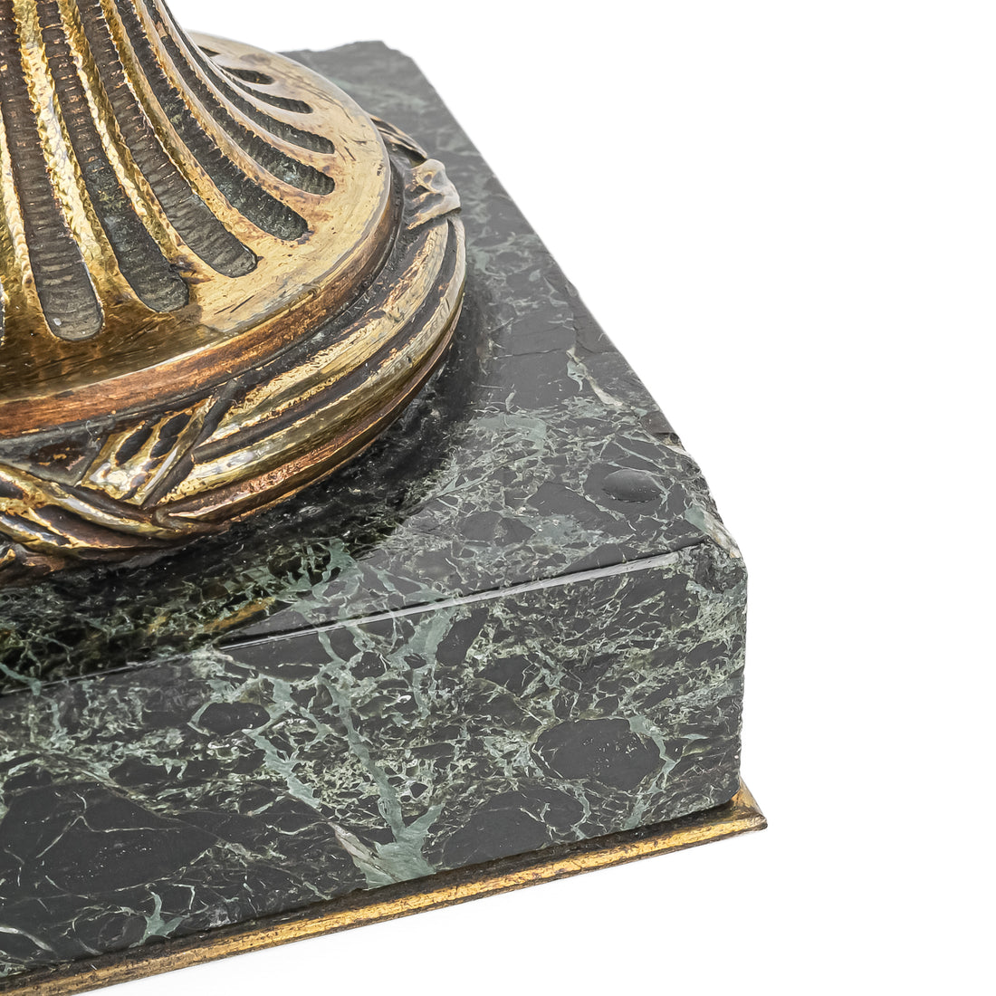 Pair Of Louis XVI Style Green Marble Covered Urns With Brass Mounts