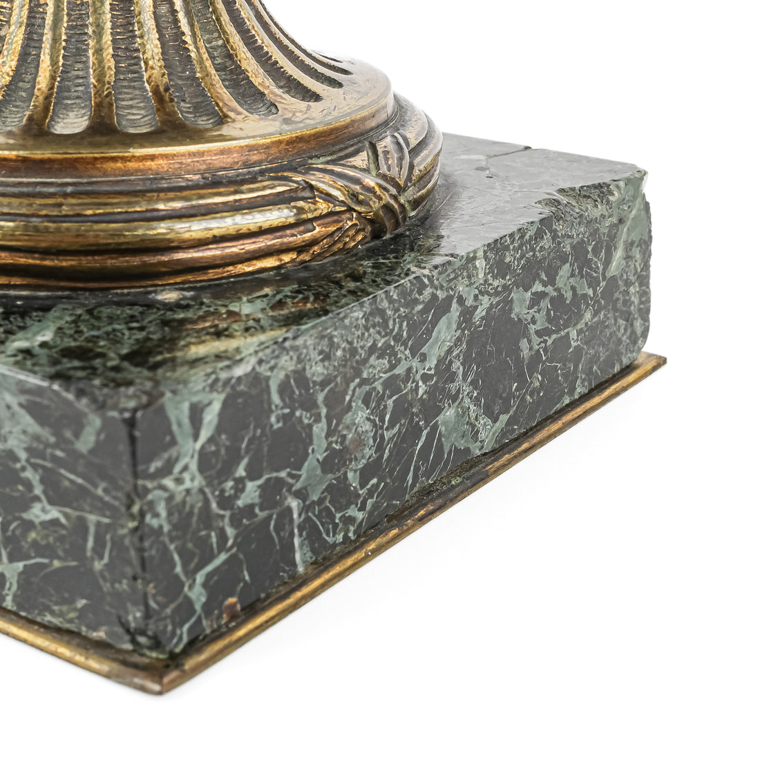 Pair Of Louis XVI Style Green Marble Covered Urns With Brass Mounts