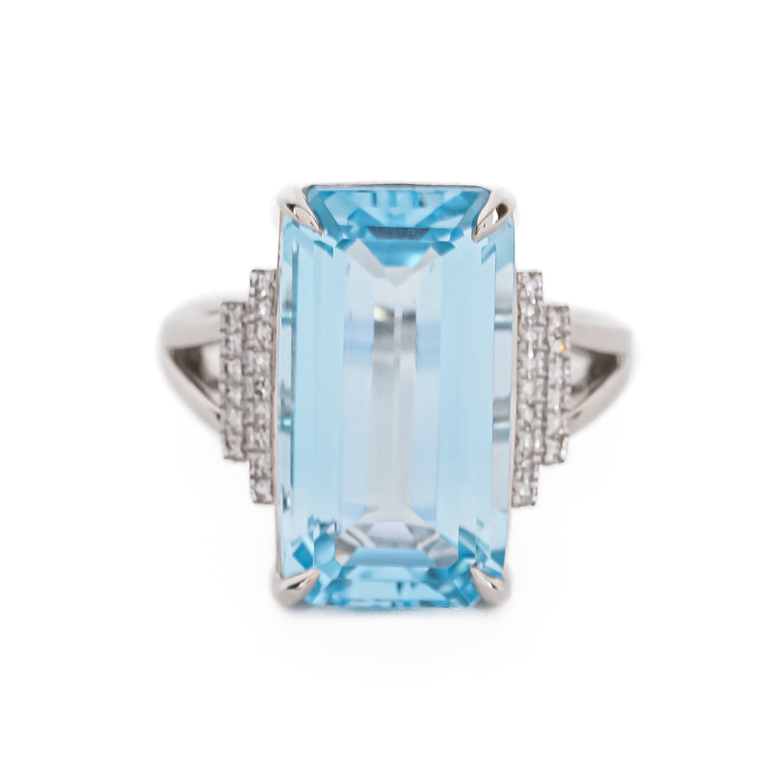 14K White Gold Emerald Cut Blue Topaz Diamond Ring