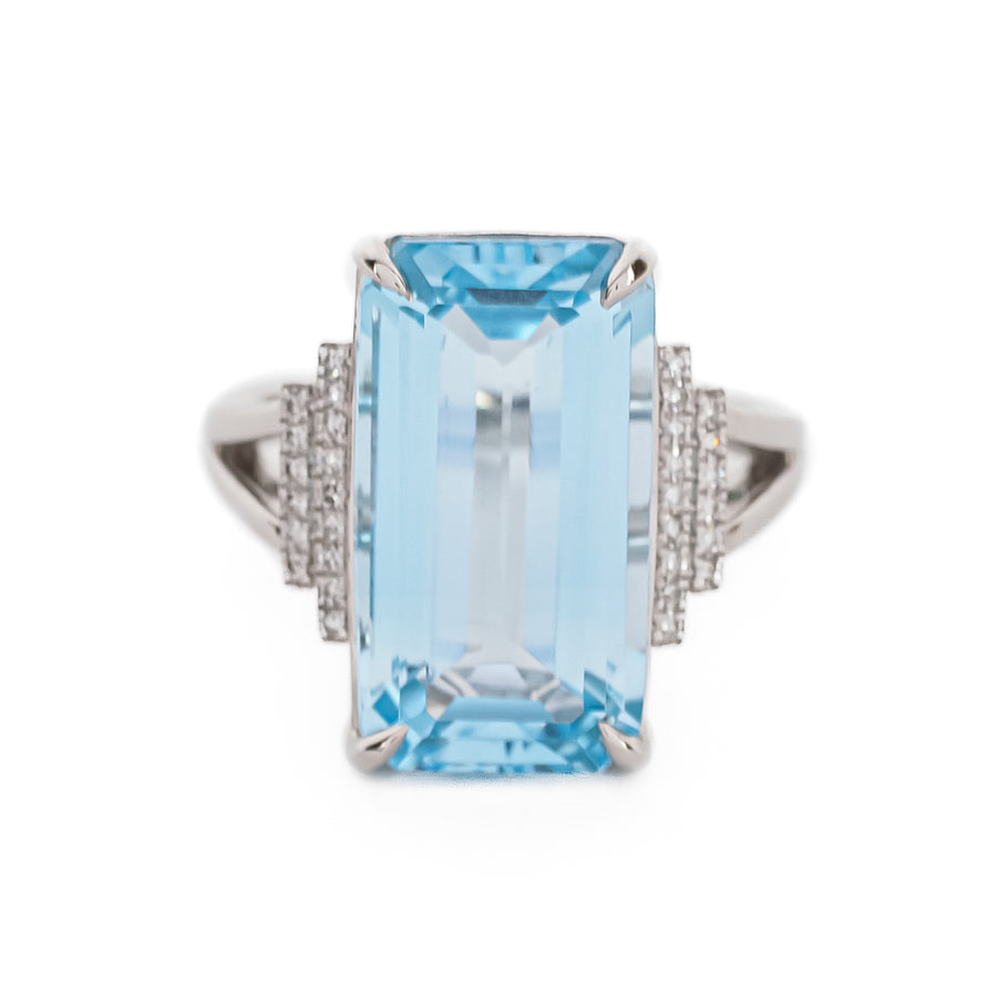 14K White Gold Emerald Cut Blue Topaz Diamond Ring