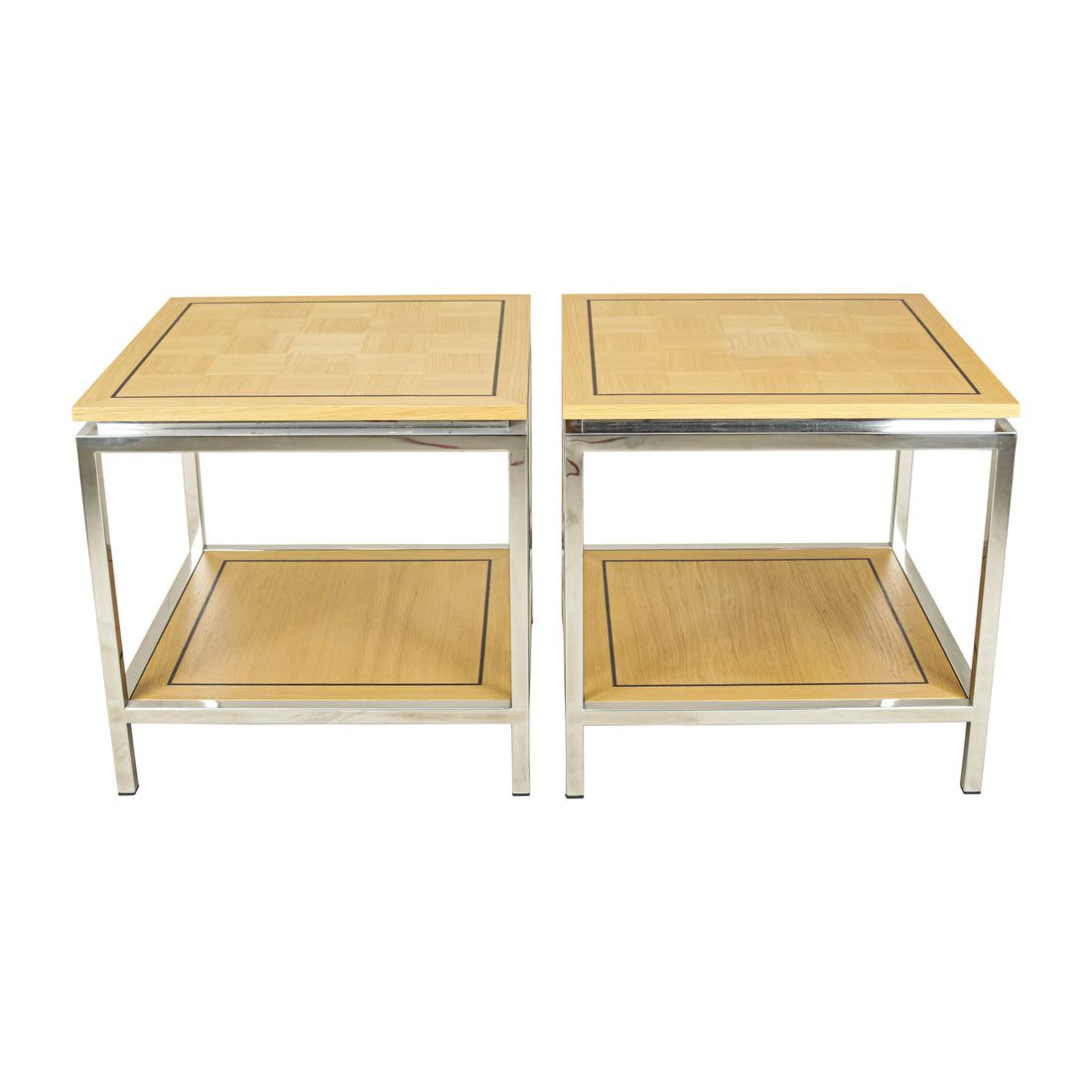 PAIR Blonde Wood Parquetry And Chrome End Tables
