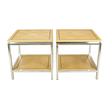 PAIR Blonde Wood Parquetry And Chrome End Tables