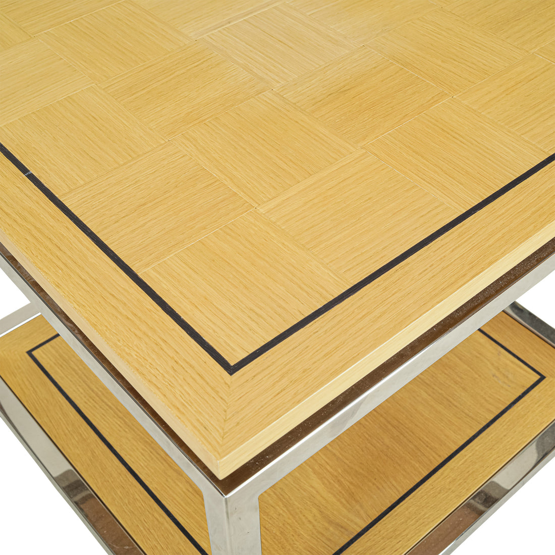 PAIR Blonde Wood Parquetry And Chrome End Tables