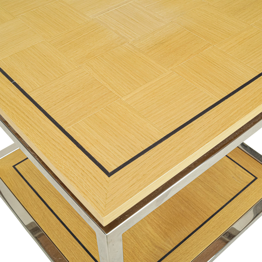 PAIR Blonde Wood Parquetry And Chrome End Tables