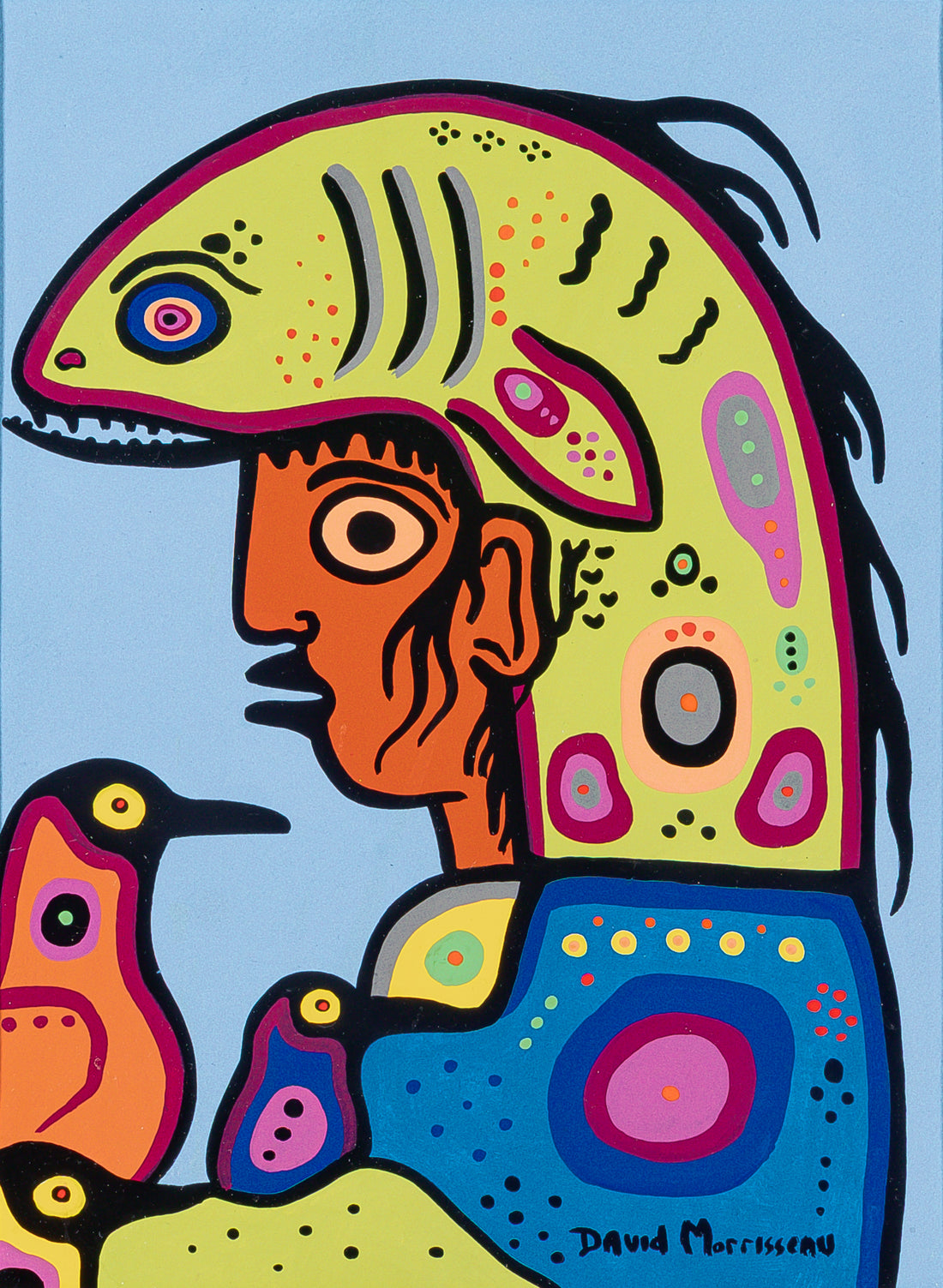 David Morrisseau (Canadian 1961) Man With Birds - Acrylic on paper