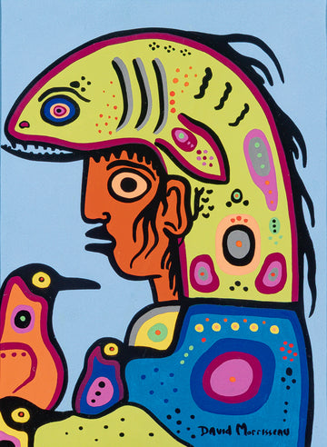 David Morrisseau (Canadian 1961) Man With Birds - Acrylic on paper