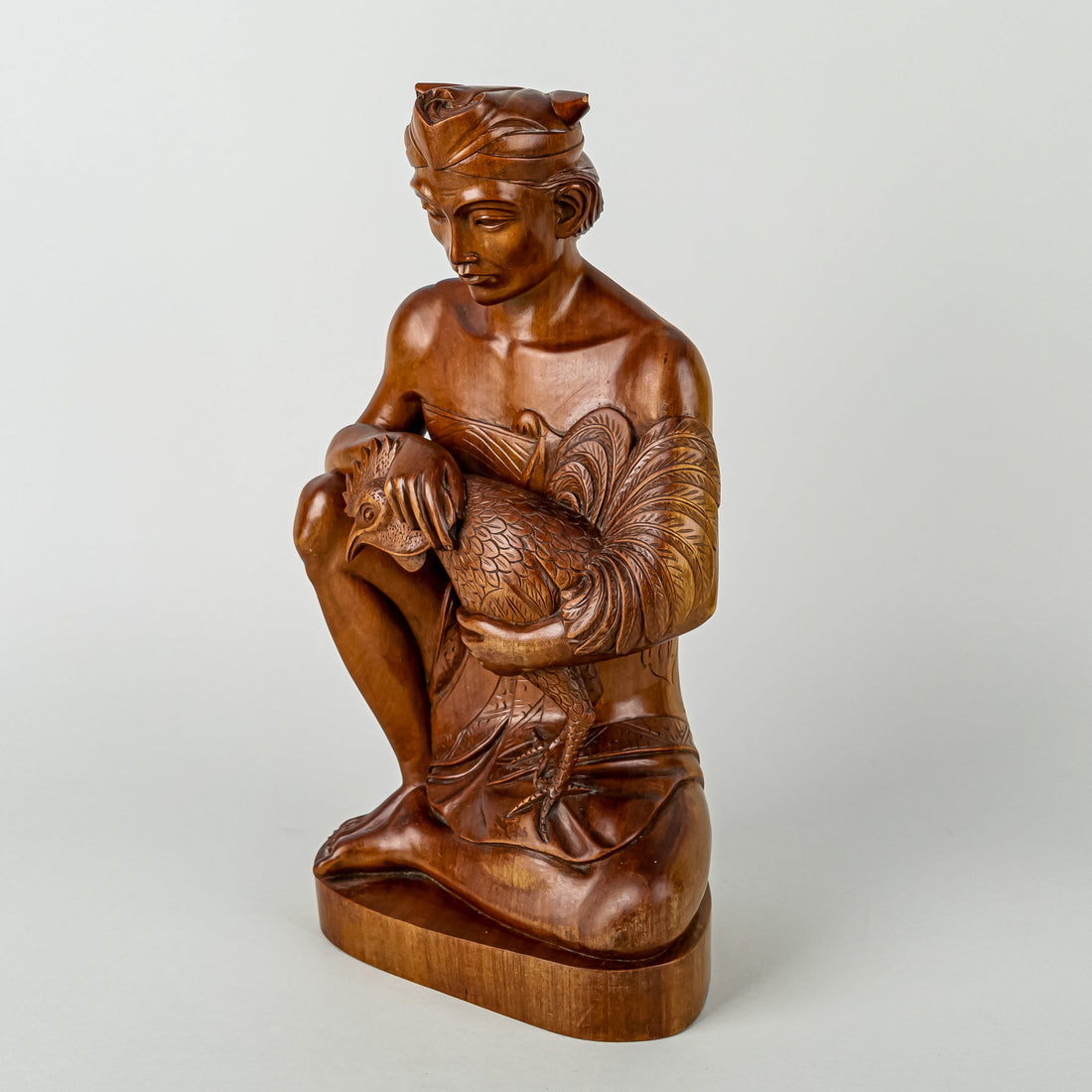 Balinese Style Carved Wooden Figure     Man W/Rooster