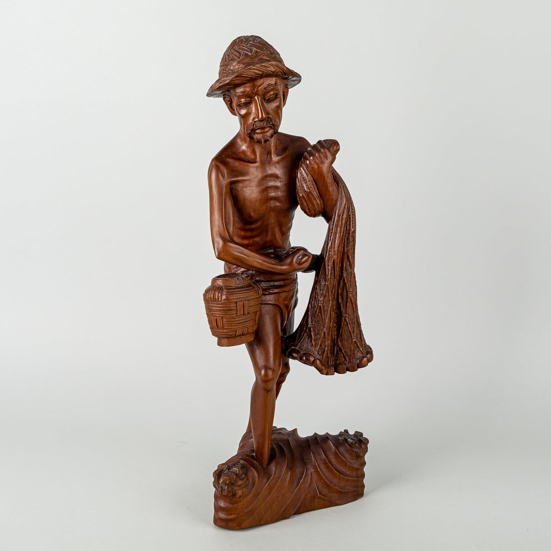 Balinese Style Carved Wooden Figure     Fisherman W/Net