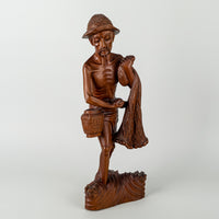 Balinese Style Carved Wooden Figure     Fisherman W/Net