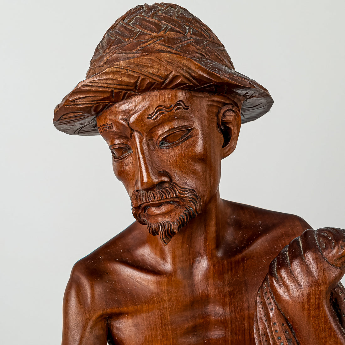Balinese Style Carved Wooden Figure     Fisherman W/Net