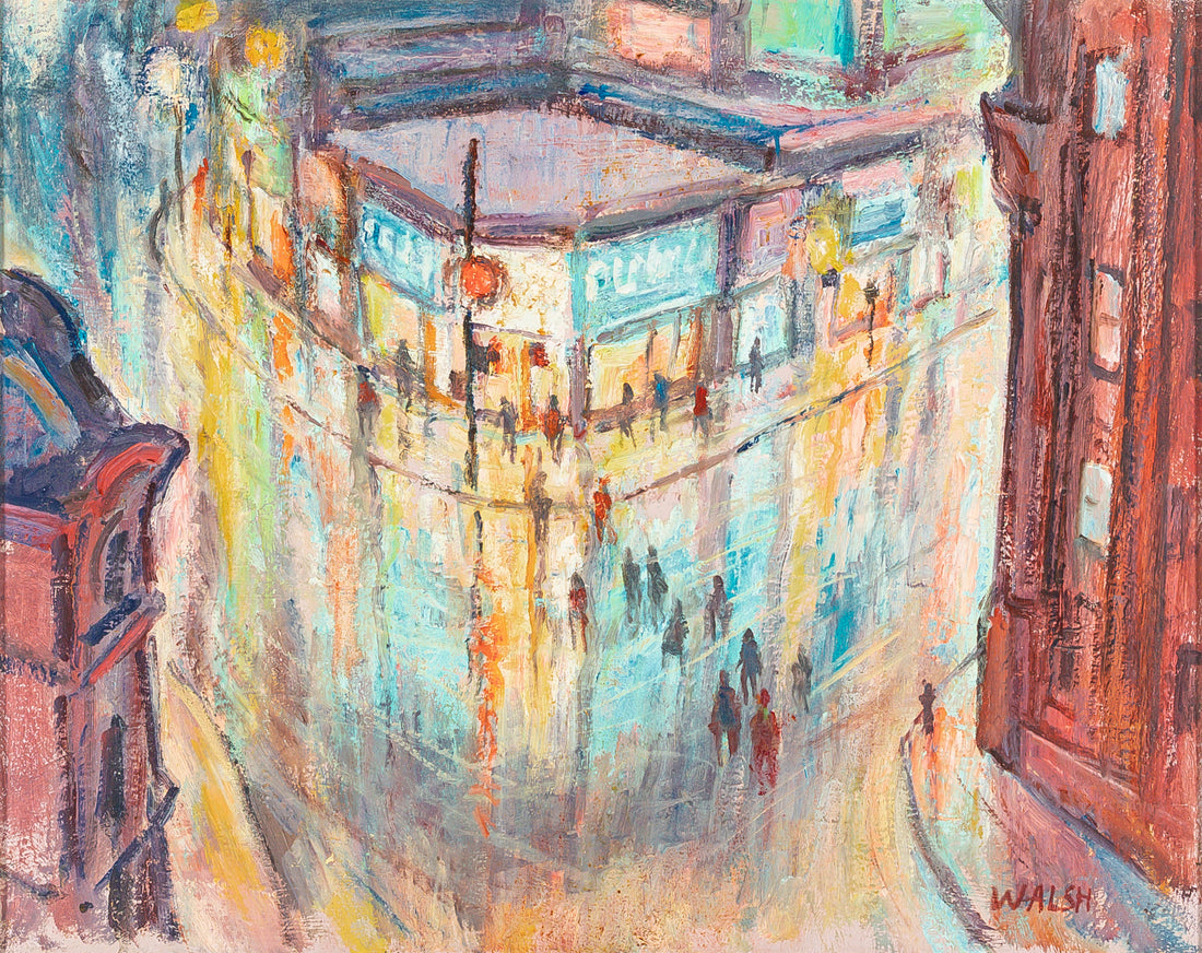 John Stanley Walsh (Canadian 1907-1994) "Street Corner At Night" Oil on canvas