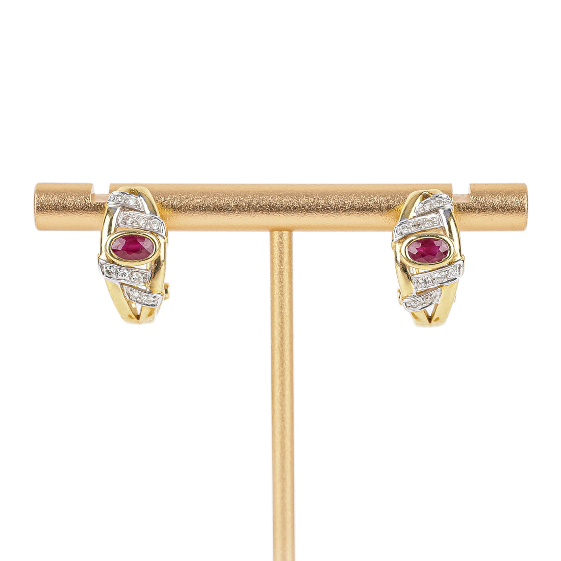 14K Yellow Gold Oval Ruby Diamond Omegas Earrings