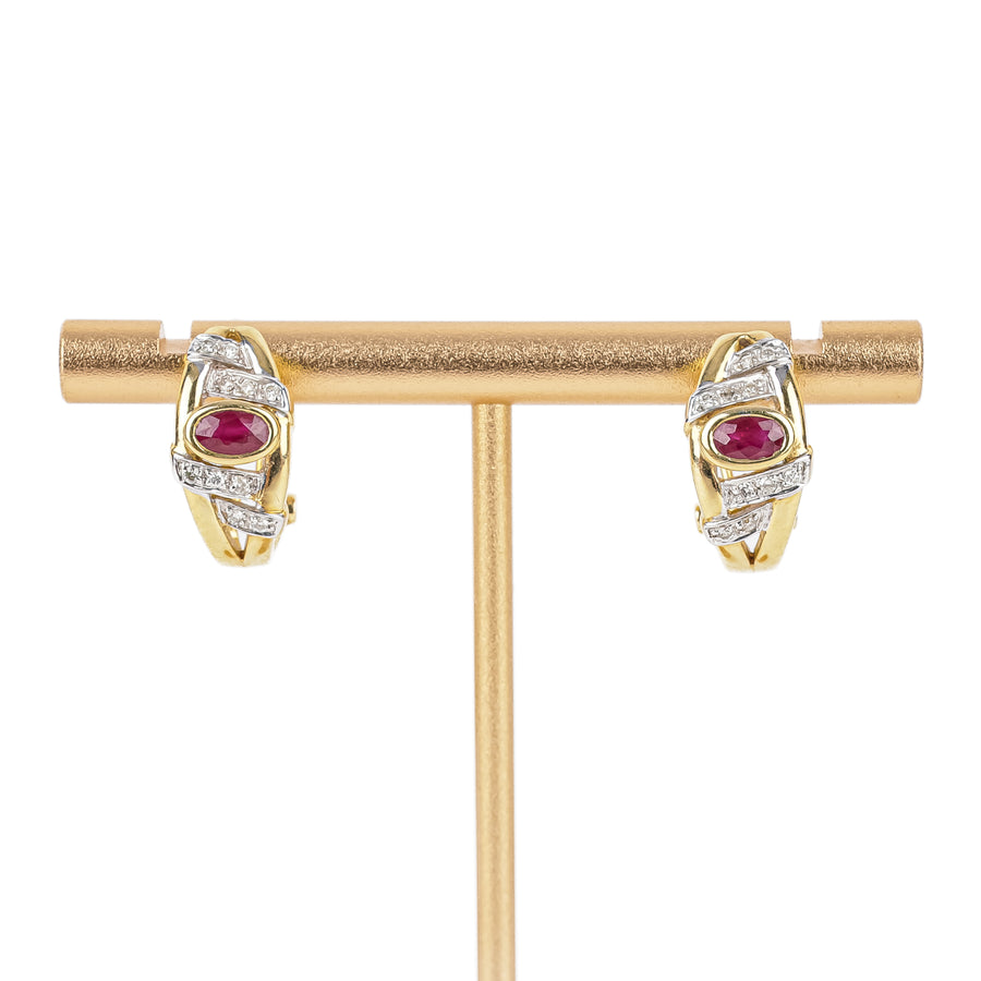 14K Yellow Gold Oval Ruby Diamond Omegas Earrings