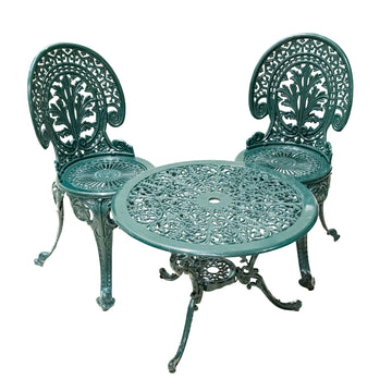 Pair Green Painted Cast Aluminum Garden Chairs & Table