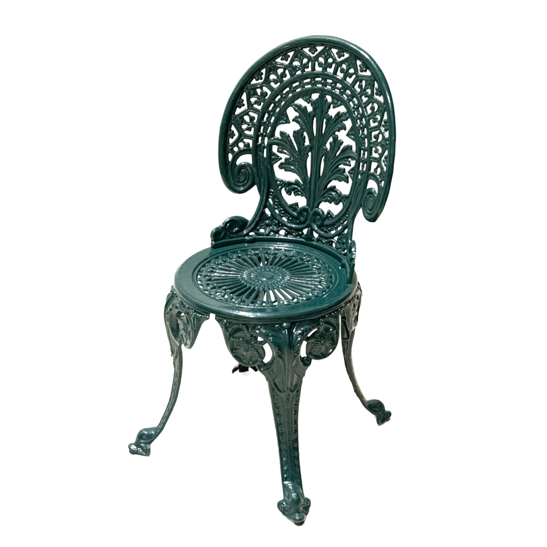 Pair Green Painted Cast Aluminum Garden Chairs & Table